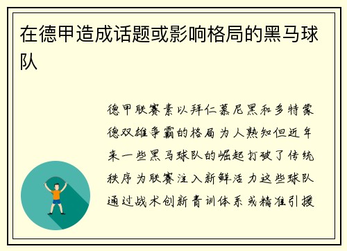 在德甲造成话题或影响格局的黑马球队